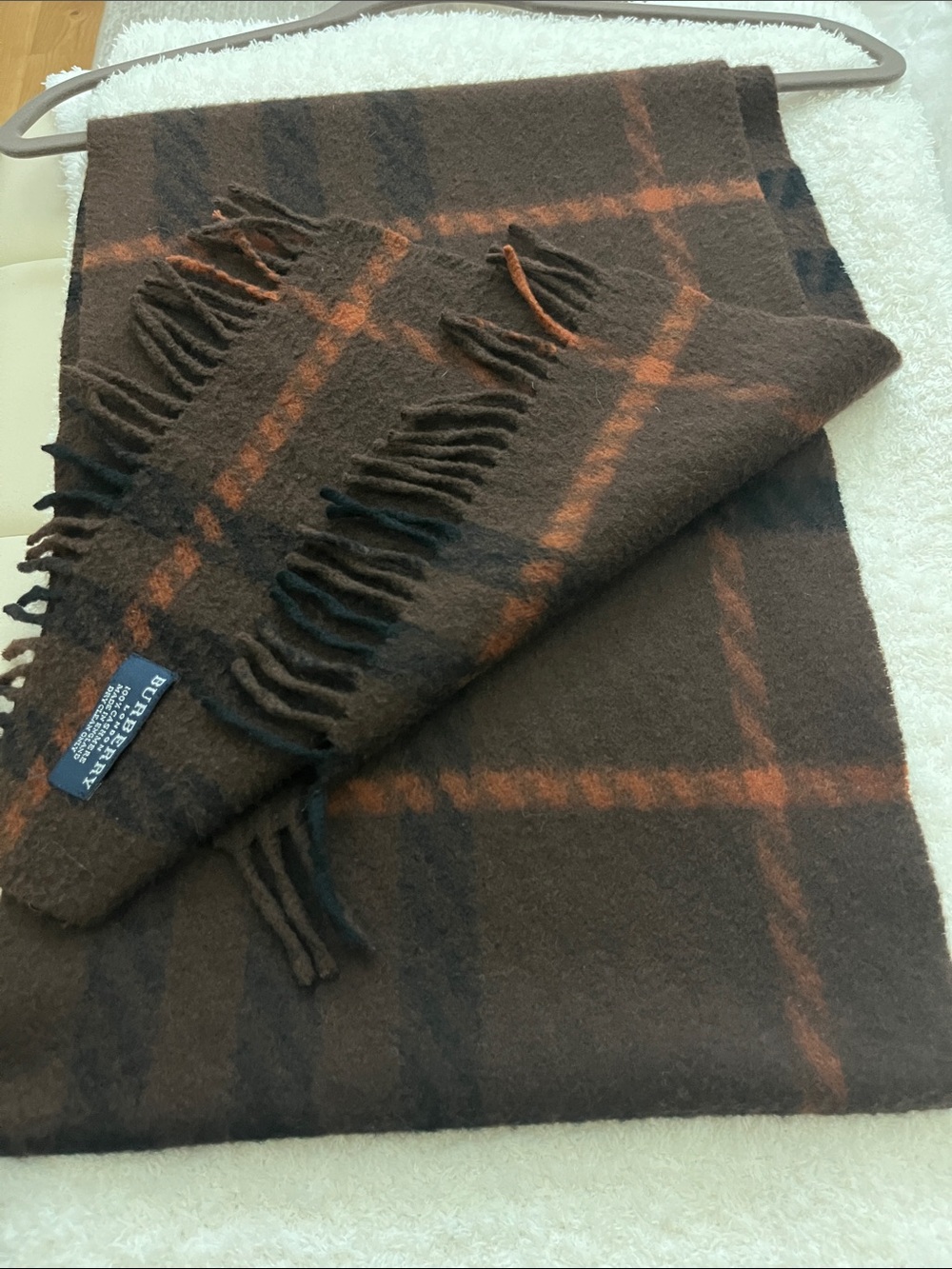 Burberry Brown Plaid Wool Scarf with Orange Accents